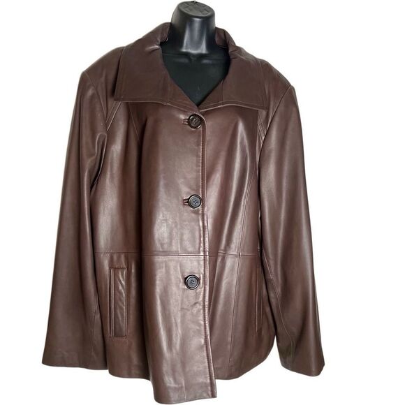 90s Leather Oversized Brown Elegant Single Breast Jacket Coat Blazer XL - Picture 2 of 15